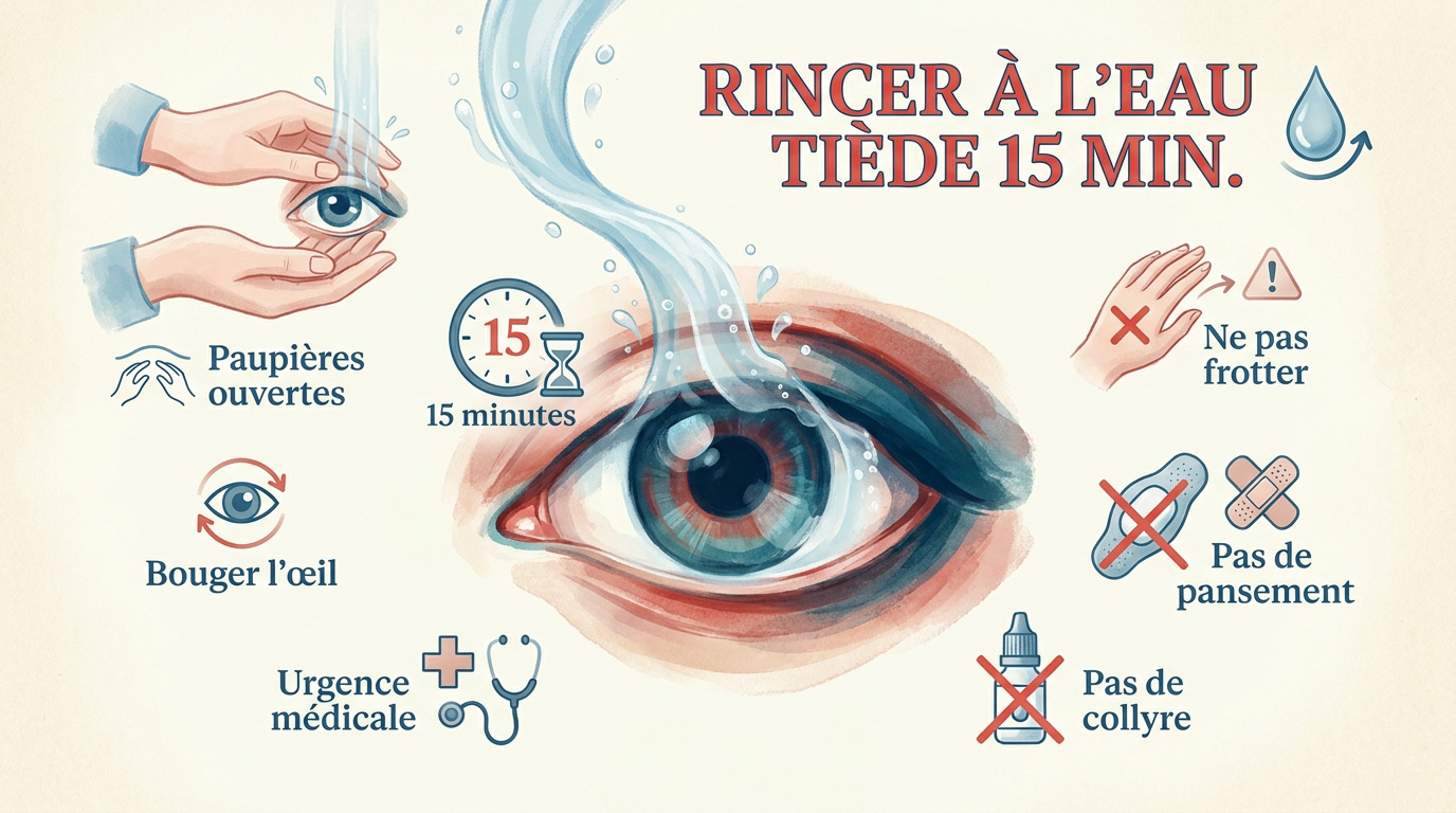 Infographie des gestes de premiers secours lors d'une projection chimique oculaire